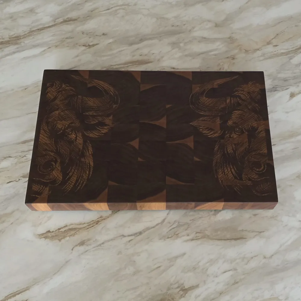 Walnut End Grain Butcher Block — Boreal Relief, Dual Bull’s Head