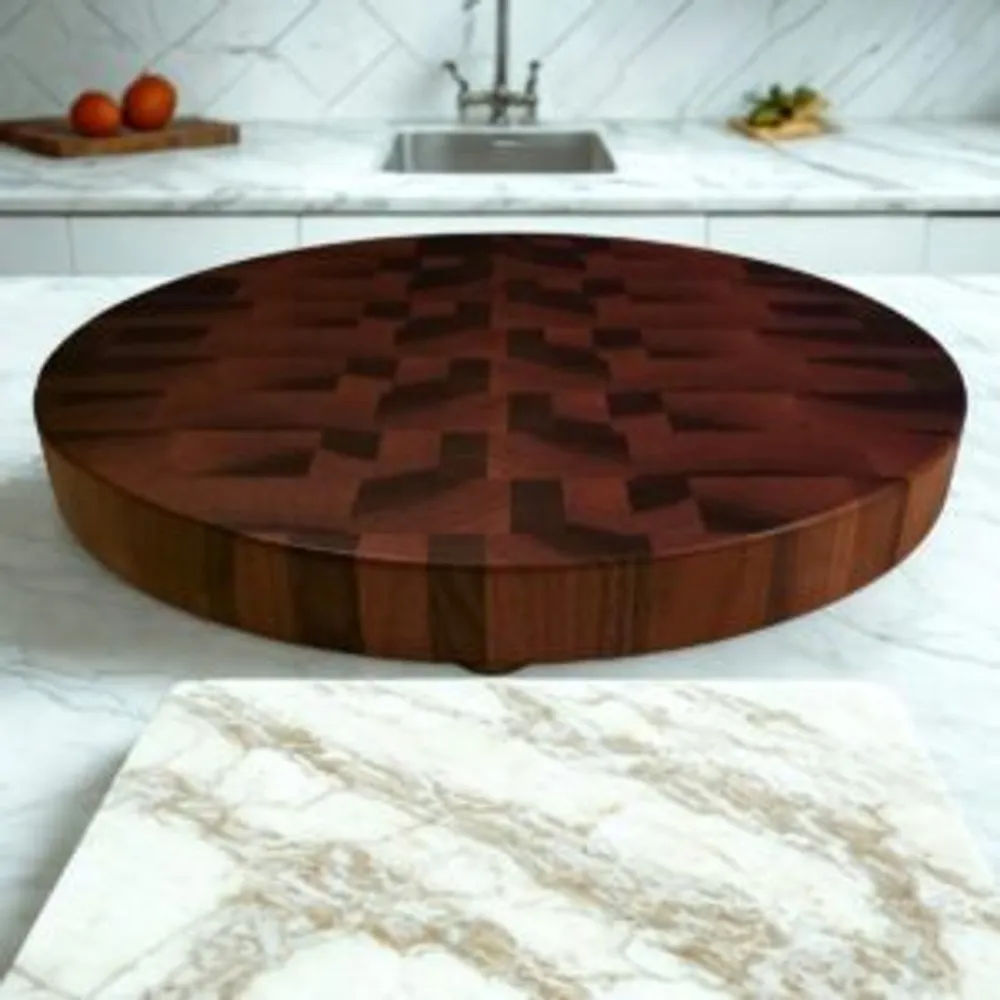 Round Walnut End Grain Butcher Block — Compass Series, 15.5″