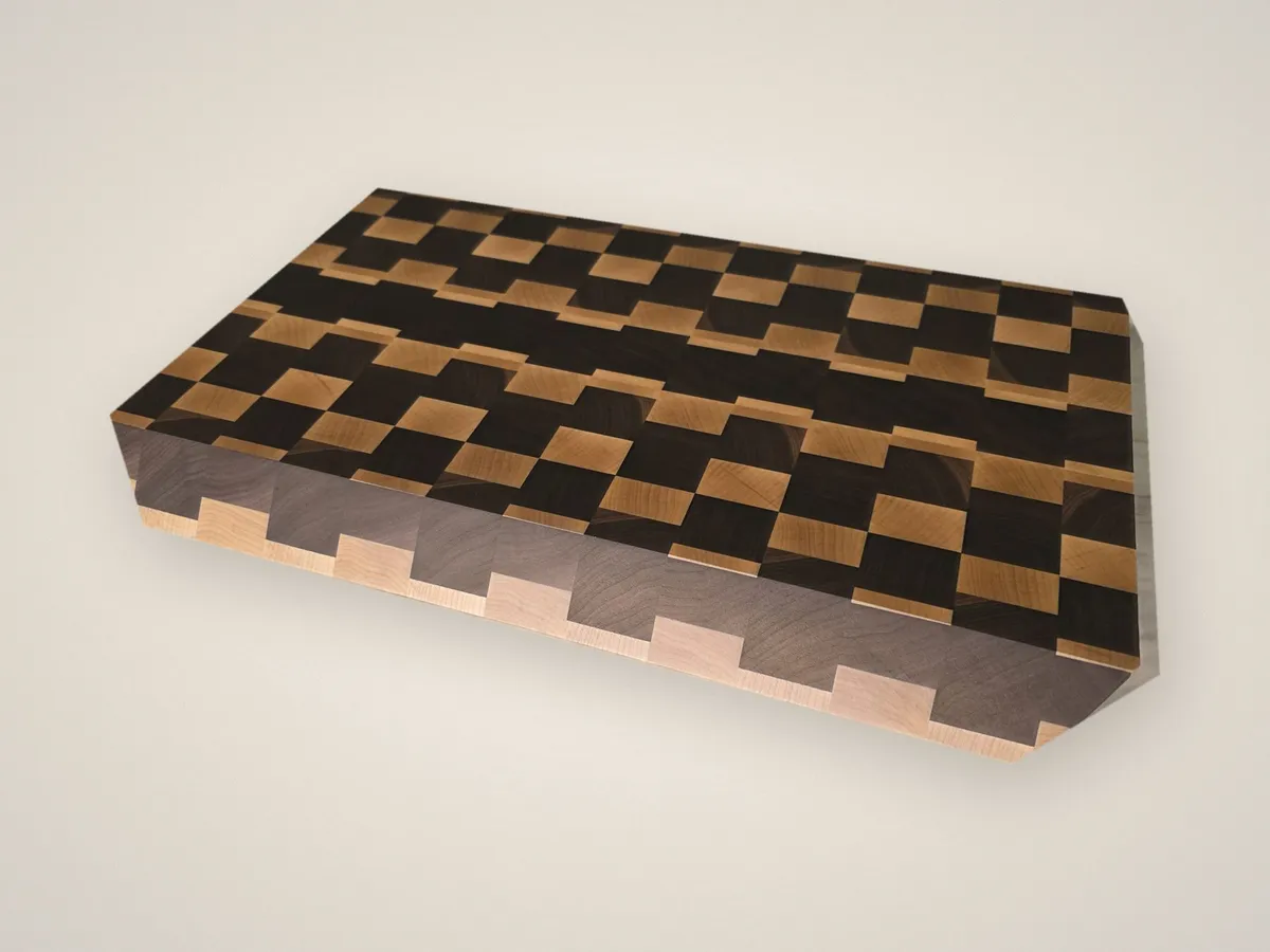 End-grain walnut butcher block on a kitchen counter, made in Virden, Manitoba