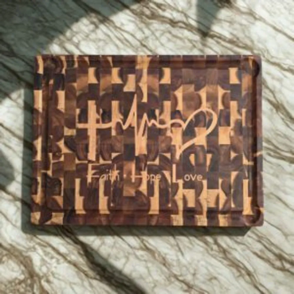 Acacia End Grain Cutting Board — Frontier XXL Relief “Faith • Hope • Love”