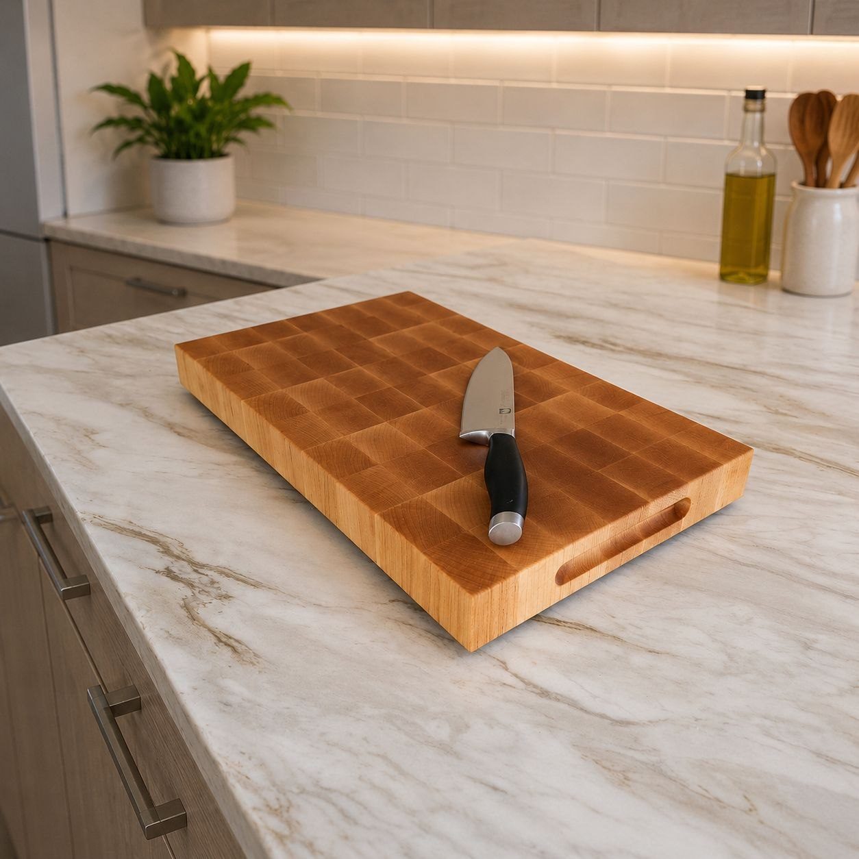 End grain cutting board with side handles routed into the ends
