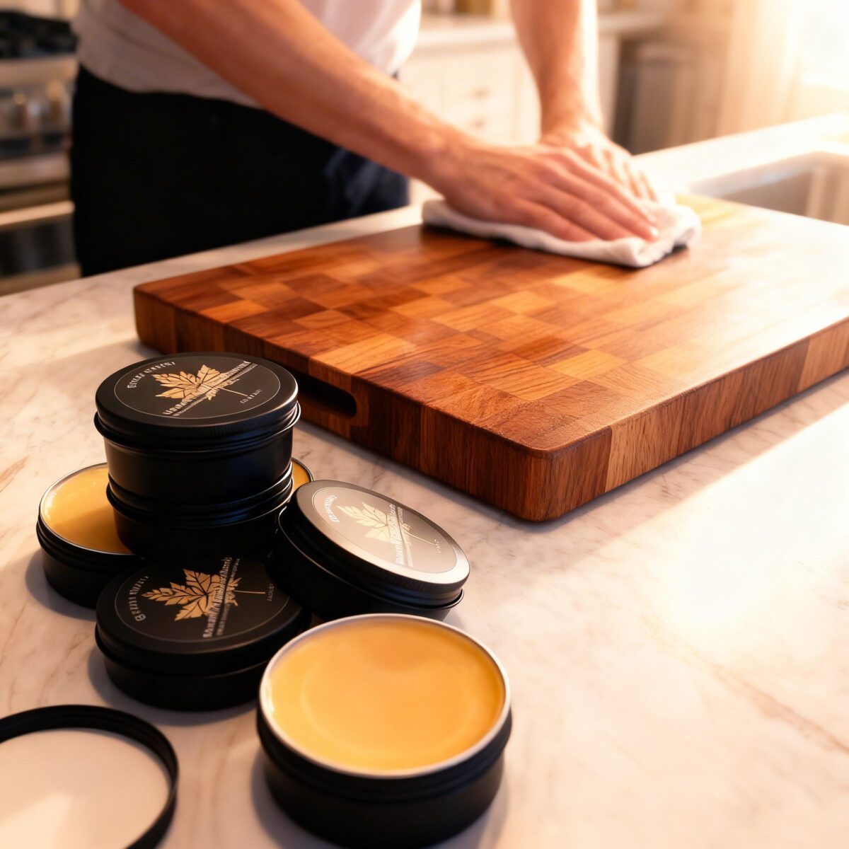 Board Butter conditioner being applied to a wooden cutting board