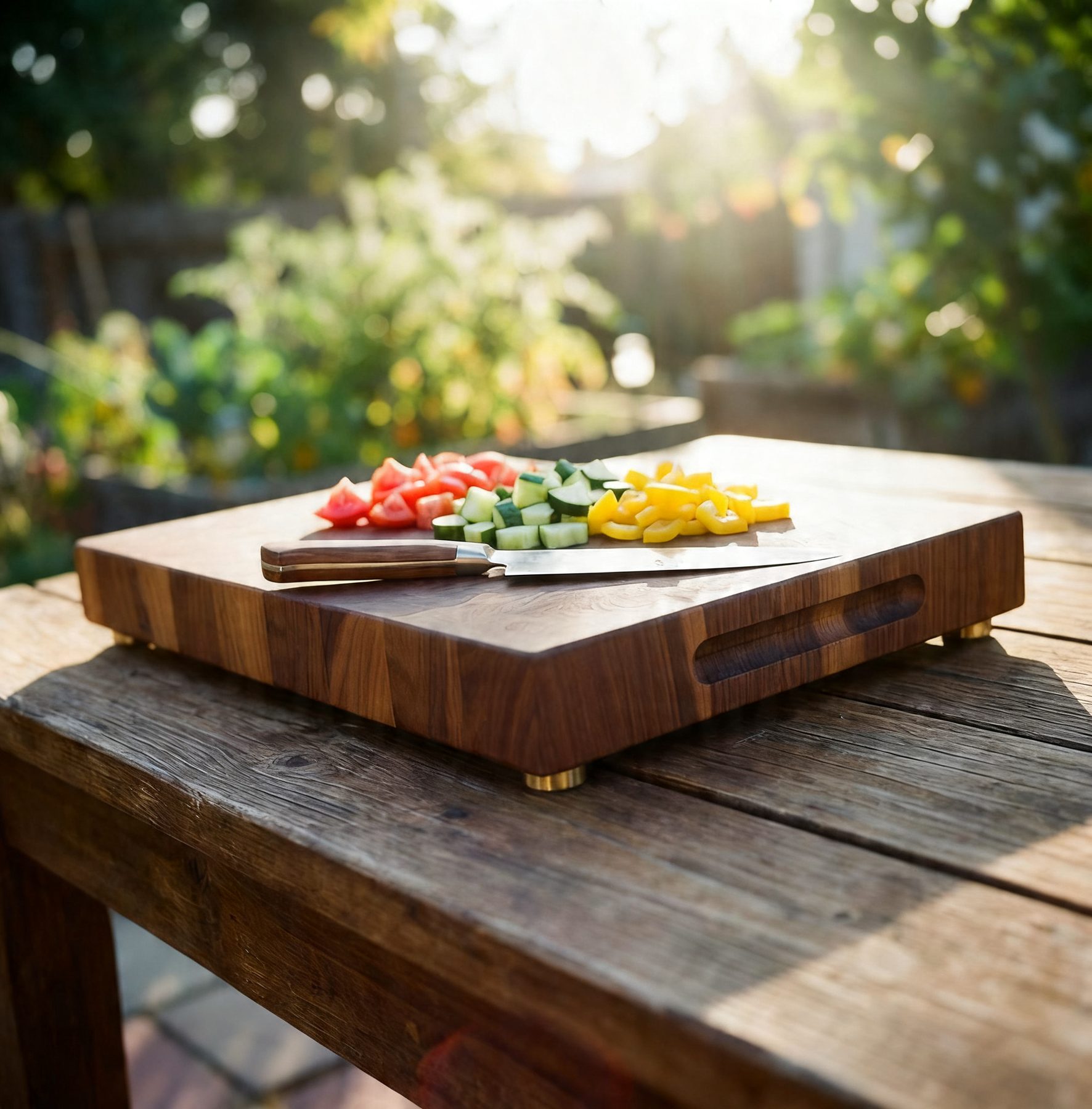 Side profile of a thick walnut end grain board with integrated handle and brass feet, hand-finished in the studio